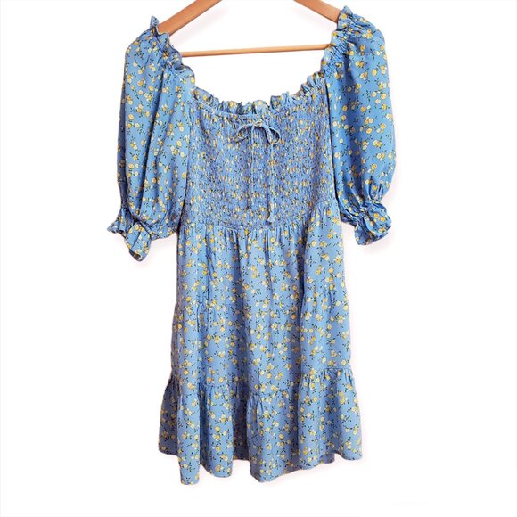 Faithfull The Brand Charlotte Mini Dress 6 Smocked Blue Ditsy Floral Puf… - Picture 4 of 14